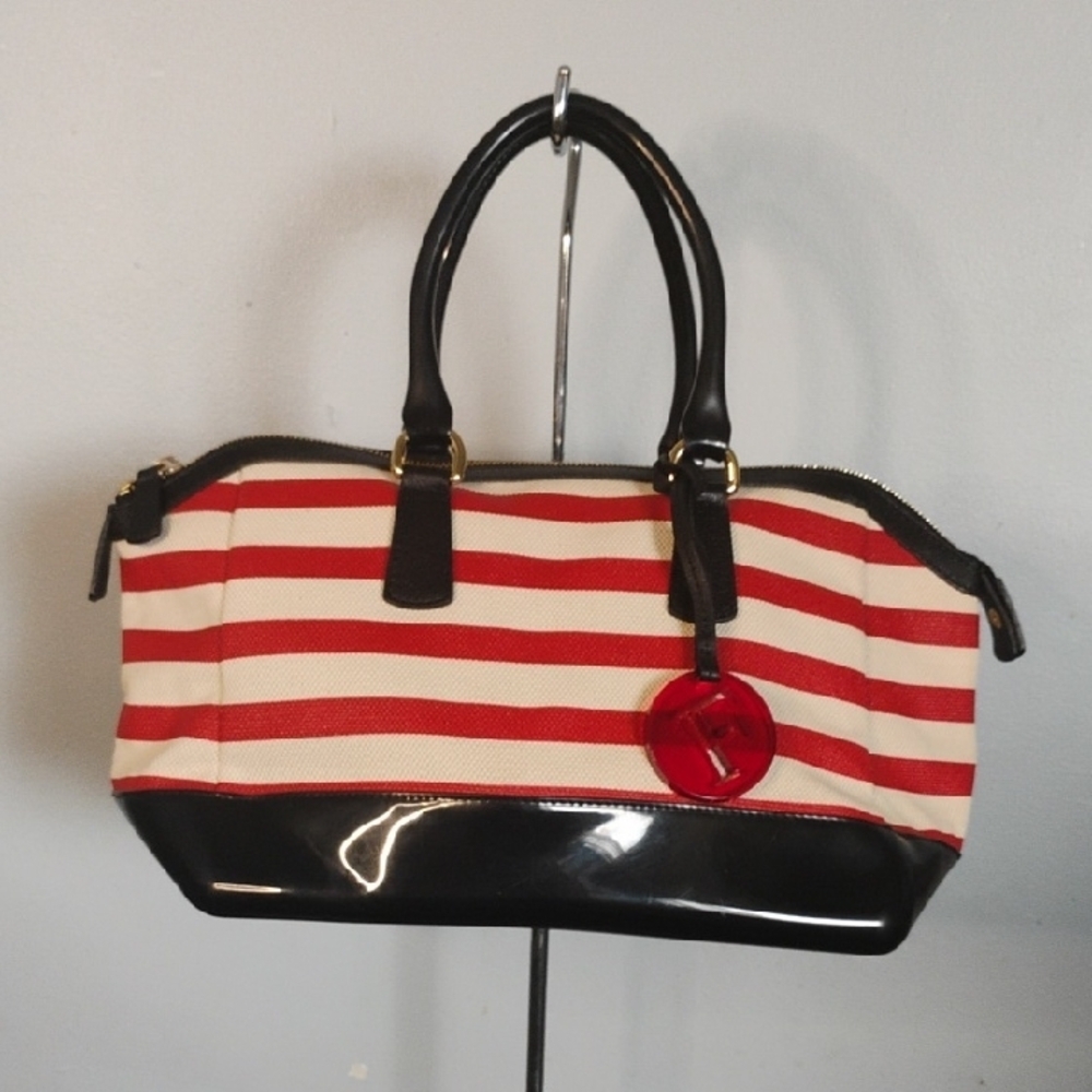 Furla Patriotic Red Off White Stripes Canvas and Black Jelly Bottom Handbag - Picture 3 of 11